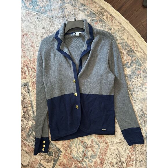Nautica Navy Gray Colorblock Sweater Jacket Cardigan Gold Buttons, Sz Large - Picture 10 of 12